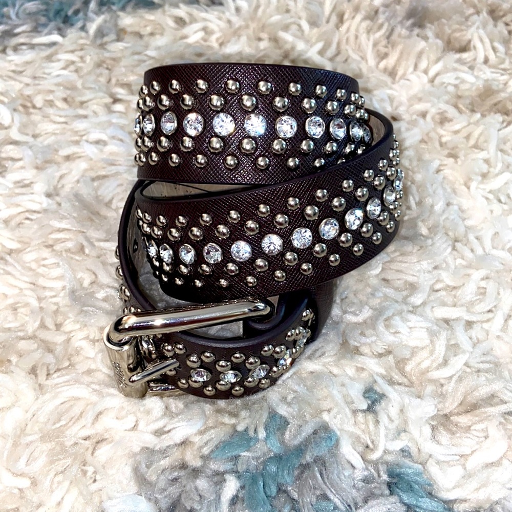 Guess Women’s Faux Leather Rhinestone Studded Belt ~ Dark Brown